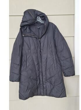 Eileen Fisher 80% Down 20% Feather Mid Long Puffer Winter Coat Black Hooded S